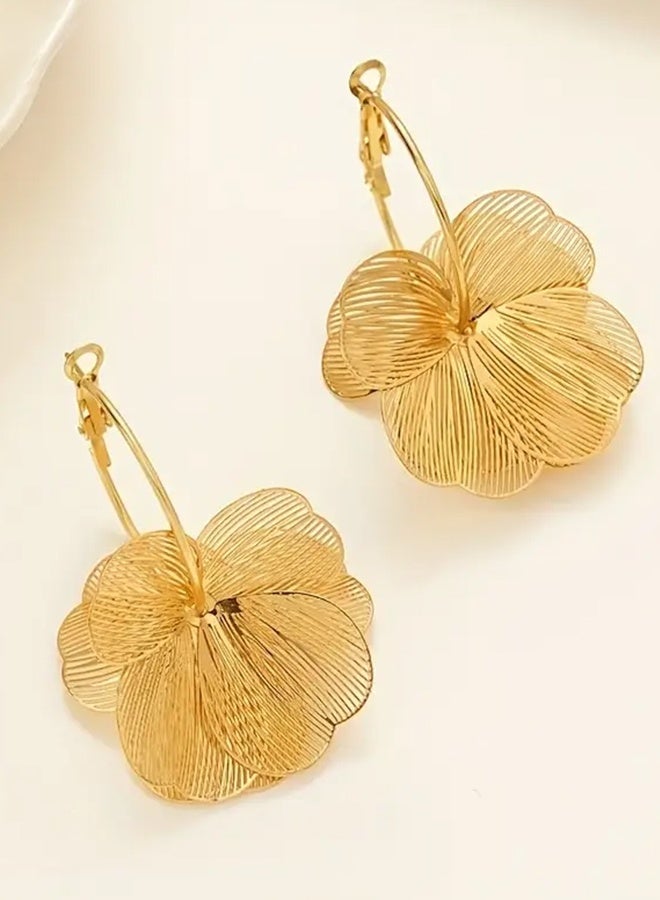 Ready For Chai Pair of Vintage Elegant Double Layer 3D Floral Petal Earrings - KC Golden Plated Statement Jewelry for Women, Perfect for Daily Wear & Parties, Year-Round Timeless Accessories, Party Accessories, Sophisticated Style, Intricate Detailing, Fashion Enthusiasts - Image 3