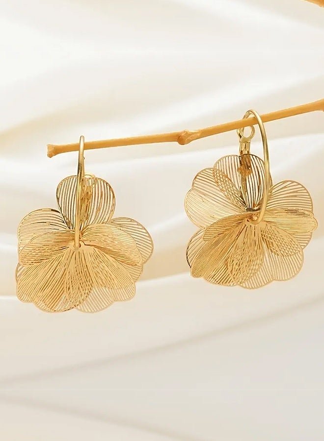 Ready For Chai Pair of Vintage Elegant Double Layer 3D Floral Petal Earrings - KC Golden Plated Statement Jewelry for Women, Perfect for Daily Wear & Parties, Year-Round Timeless Accessories, Party Accessories, Sophisticated Style, Intricate Detailing, Fashion Enthusiasts - Image 2