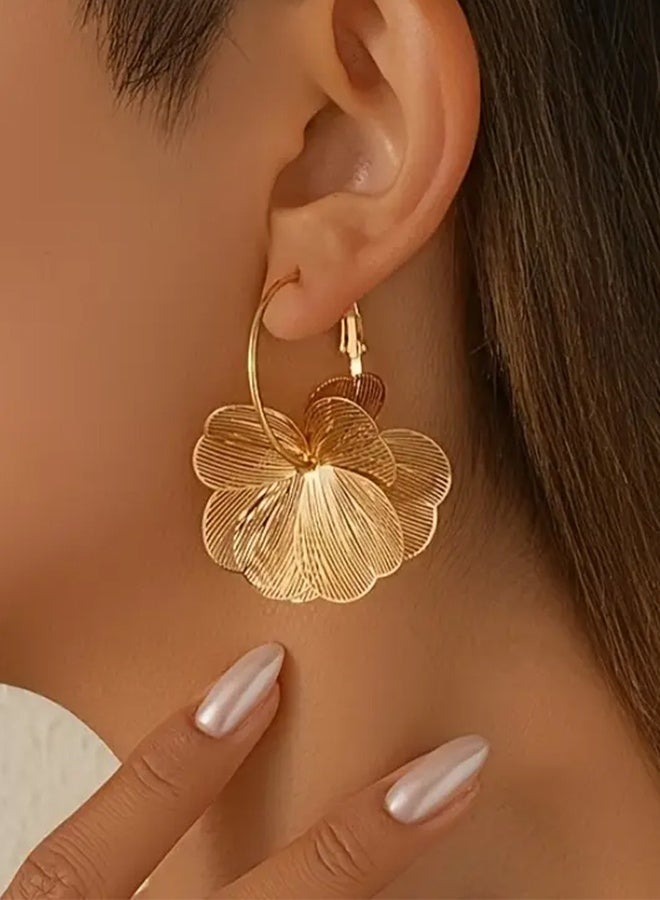 Ready For Chai Pair of Vintage Elegant Double Layer 3D Floral Petal Earrings - KC Golden Plated Statement Jewelry for Women, Perfect for Daily Wear & Parties, Year-Round Timeless Accessories, Party Accessories, Sophisticated Style, Intricate Detailing, Fashion Enthusiasts - Image 4