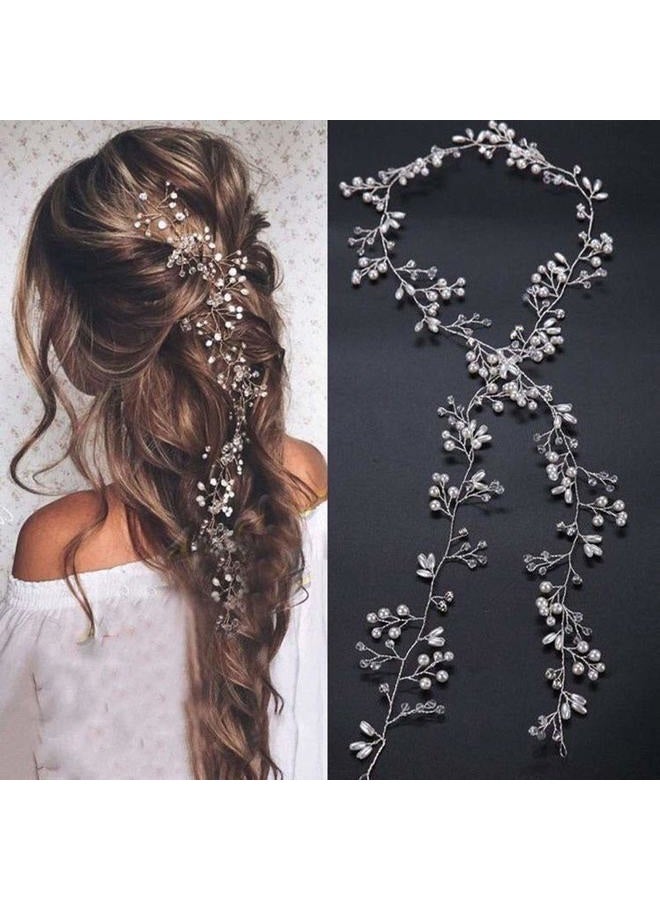 Denifery Rose Gold and Silver Extra Long Pearl and Crystal Bridal Head Vine with Hair Accessories (Silver) - Image 1