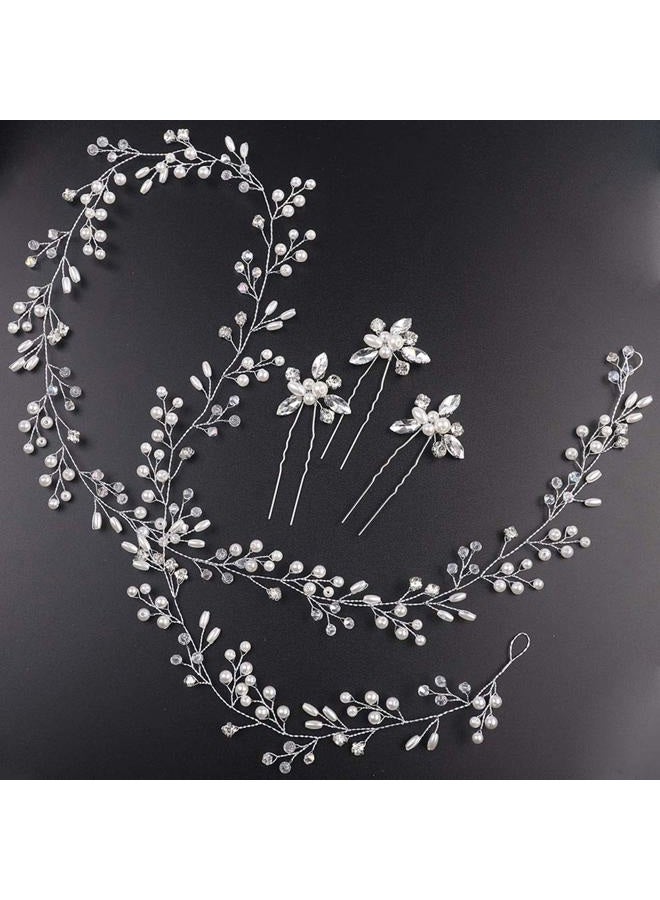 Denifery Rose Gold and Silver Extra Long Pearl and Crystal Bridal Head Vine with Hair Accessories (Silver) - Image 5