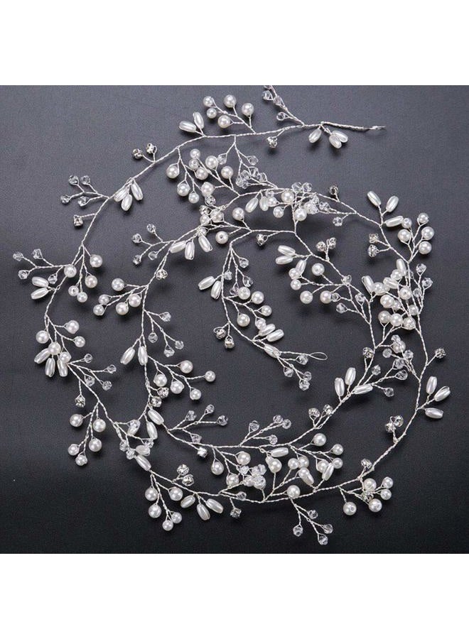 Denifery Rose Gold and Silver Extra Long Pearl and Crystal Bridal Head Vine with Hair Accessories (Silver) - Image 2