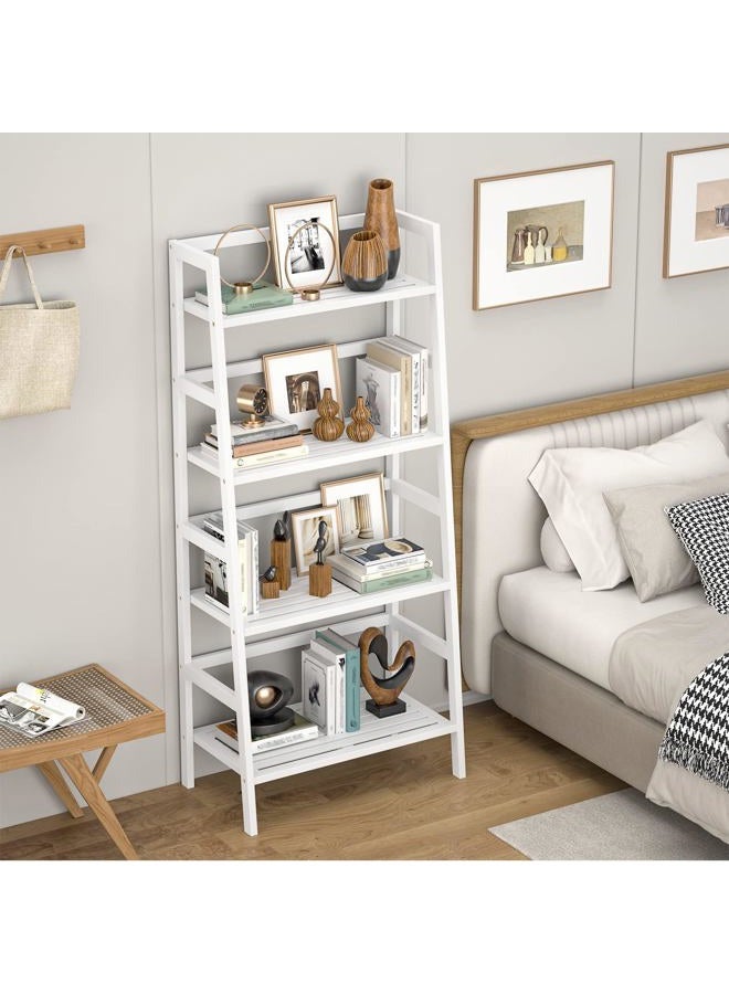 Homykic Ladder White Bookshelf, 4-Tier Bamboo Ladder Shelf 49.2” Book Shelf Bookcase Floor Freestanding Bathroom Storage Rack Plant Stand for Home Office, Bedroom, Living Room, Easy to Assemble - Image 3