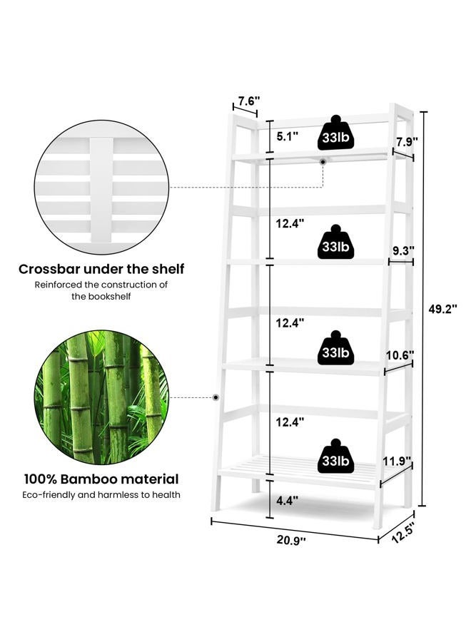 Homykic Ladder White Bookshelf, 4-Tier Bamboo Ladder Shelf 49.2” Book Shelf Bookcase Floor Freestanding Bathroom Storage Rack Plant Stand for Home Office, Bedroom, Living Room, Easy to Assemble - Image 5