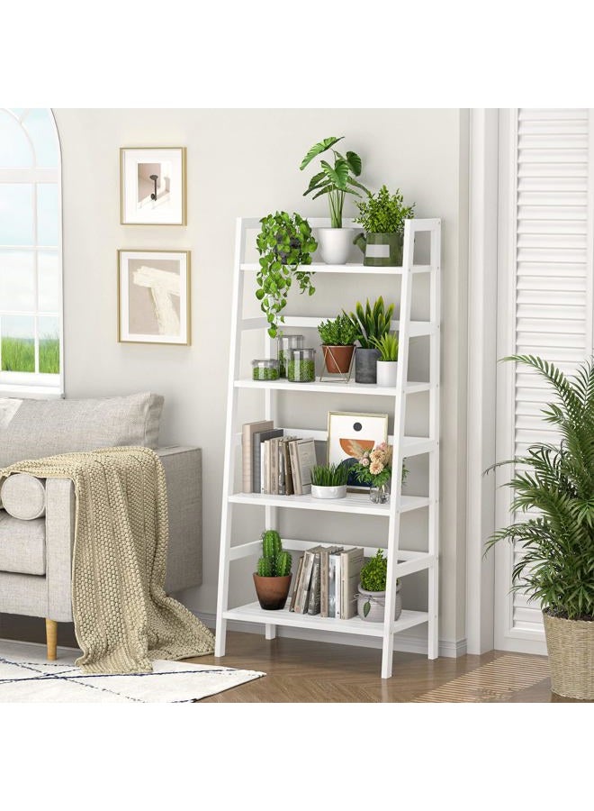 Homykic Ladder White Bookshelf, 4-Tier Bamboo Ladder Shelf 49.2” Book Shelf Bookcase Floor Freestanding Bathroom Storage Rack Plant Stand for Home Office, Bedroom, Living Room, Easy to Assemble - Image 2