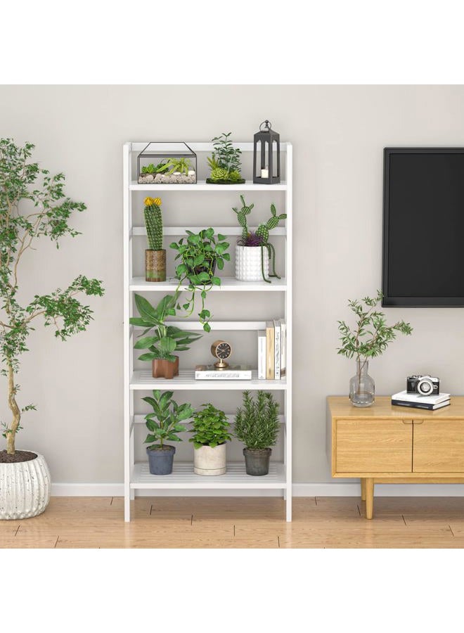 Homykic Ladder White Bookshelf, 4-Tier Bamboo Ladder Shelf 49.2” Book Shelf Bookcase Floor Freestanding Bathroom Storage Rack Plant Stand for Home Office, Bedroom, Living Room, Easy to Assemble - Image 4