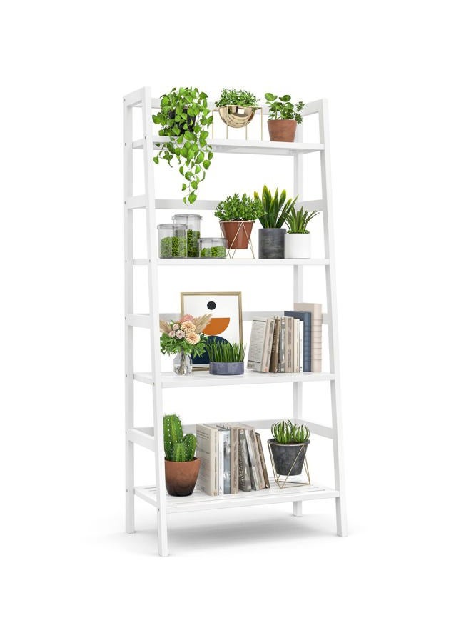 Homykic Ladder White Bookshelf, 4-Tier Bamboo Ladder Shelf 49.2” Book Shelf Bookcase Floor Freestanding Bathroom Storage Rack Plant Stand for Home Office, Bedroom, Living Room, Easy to Assemble - Image 1