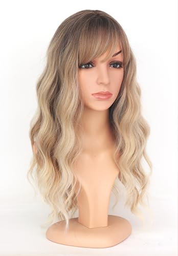 SYMEIW Ombre Dirty Blonde Wavy Wigs With Bangs For Women Medium Long Ash Blonde Synthetic Wigs For Daily Use （Dirty Blonde） - Image 2