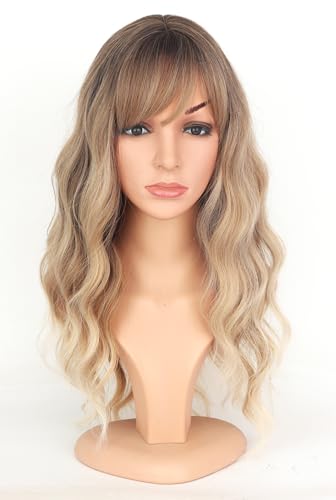SYMEIW Ombre Dirty Blonde Wavy Wigs With Bangs For Women Medium Long Ash Blonde Synthetic Wigs For Daily Use （Dirty Blonde） - Image 1
