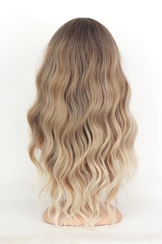 SYMEIW Ombre Dirty Blonde Wavy Wigs With Bangs For Women Medium Long Ash Blonde Synthetic Wigs For Daily Use （Dirty Blonde） - Image 5