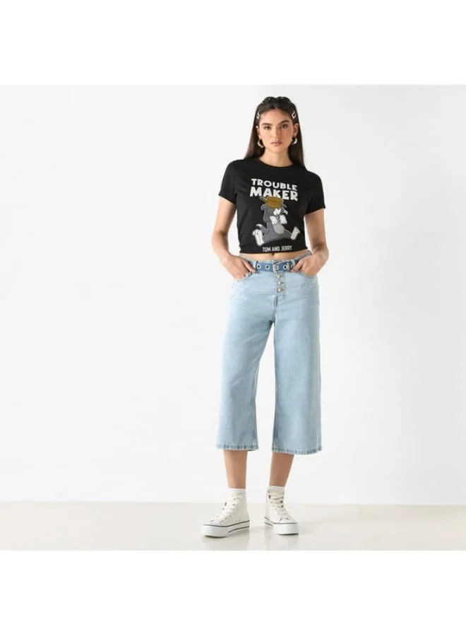 SP Characters Tom and Jerry Print Crew Neck T-shirt with Short Sleeves