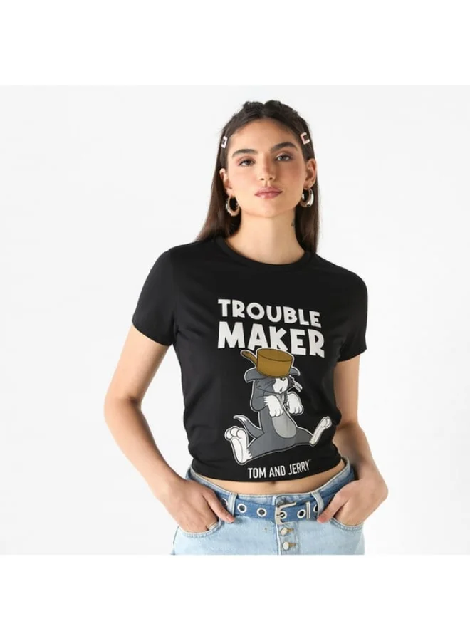 SP Characters Tom and Jerry Print Crew Neck T-shirt with Short Sleeves