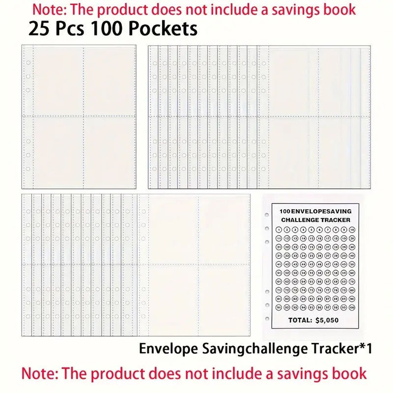 Generic 100Day Saving Challenge Loose Leaf Binder Standard full set of inner core (25 sheets of four-palace card film and one sheet of 100-day card) 
