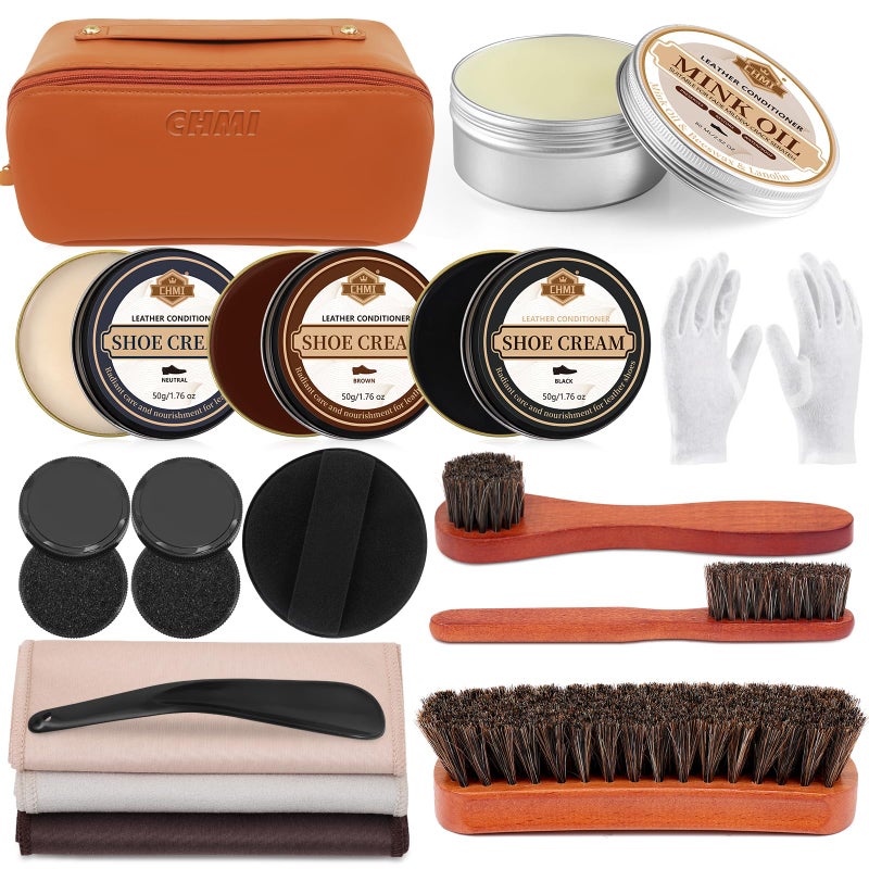 CHMI 16PCS Leather Shoe Polish Kit,Shoe Shine Kit with Black/Brown Shoe Polish,Shoe Bruhses for Leather Boot Care and Cleaning,Shoe Shine Gifts for Men - Image 1