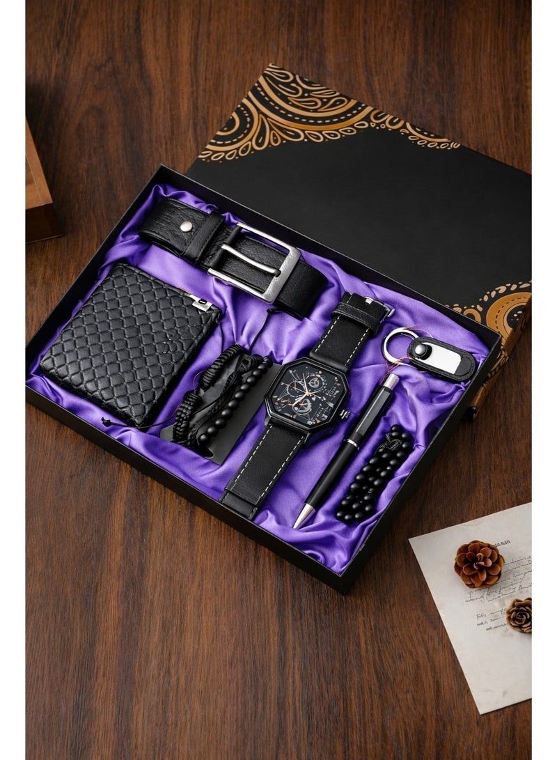 أولودينيز  مجموعة 7 في 1  فاخرة : ساعة، محفظة، حزام، سوار، سلسلة مفاتيح، قلم حبر، صندوق مسبحة، مثالية كهدية لرجال الأعمال - Image 1