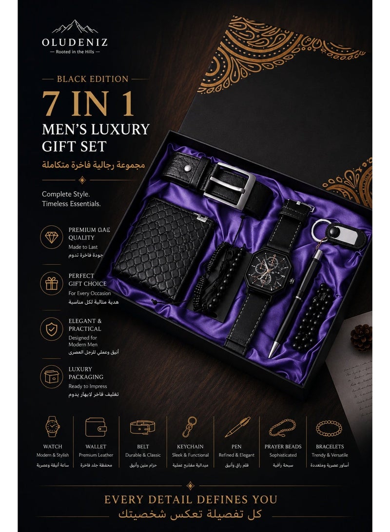 OLUDENIZ Black Edition Ultimate Men’s Luxury 7 in 1 Gift Set with Watch, Wallet & Accessories - Image 1