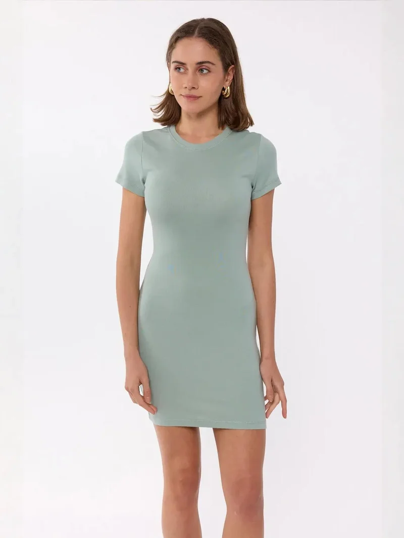 HICCUP Solid Round Neck Bodycon Mini Dress