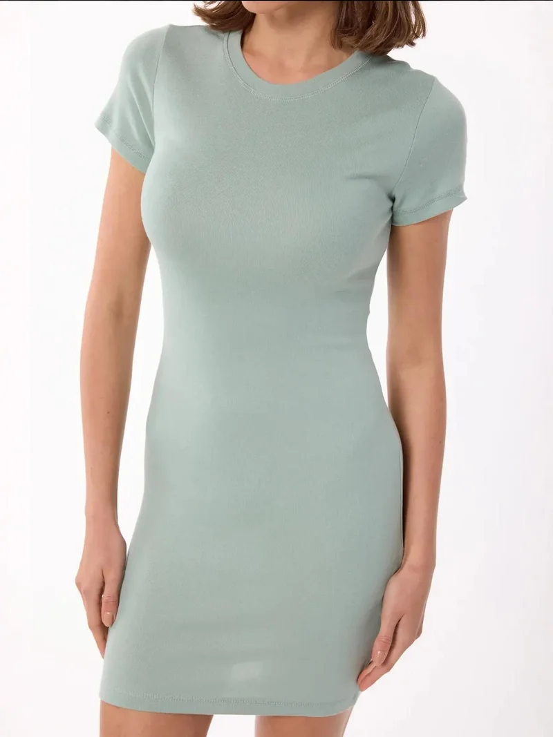 Hiccup Sage Green Solid Round Neck Bodycon Mini Dress for Women | Best Price UAE