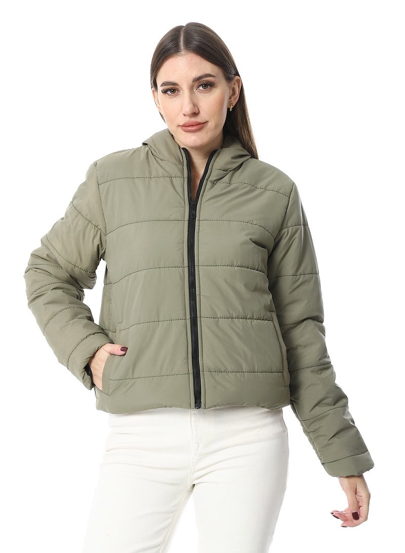 Andora Hooded Plain Puffer Jacket _ Olive - Image 1