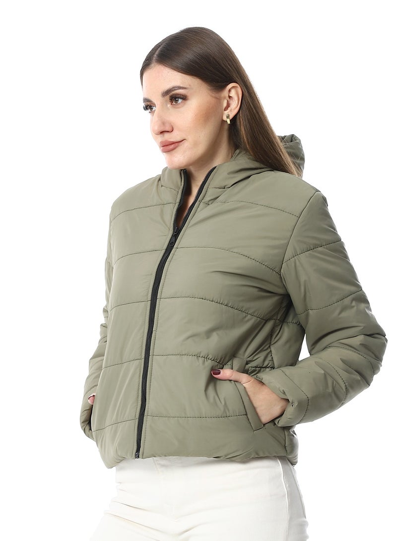 Andora Hooded Plain Puffer Jacket _ Olive - Image 2