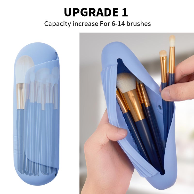 AGIKET Silicone Makeup Brush Holder Travel Cosmetic Bagï¼šSoft Portable Cosmetic Face Brushes Holder with Upgrade Anti-Fall Out Magnetic Closure, Large Travel Makeup Brush Case - Blue - Image 2