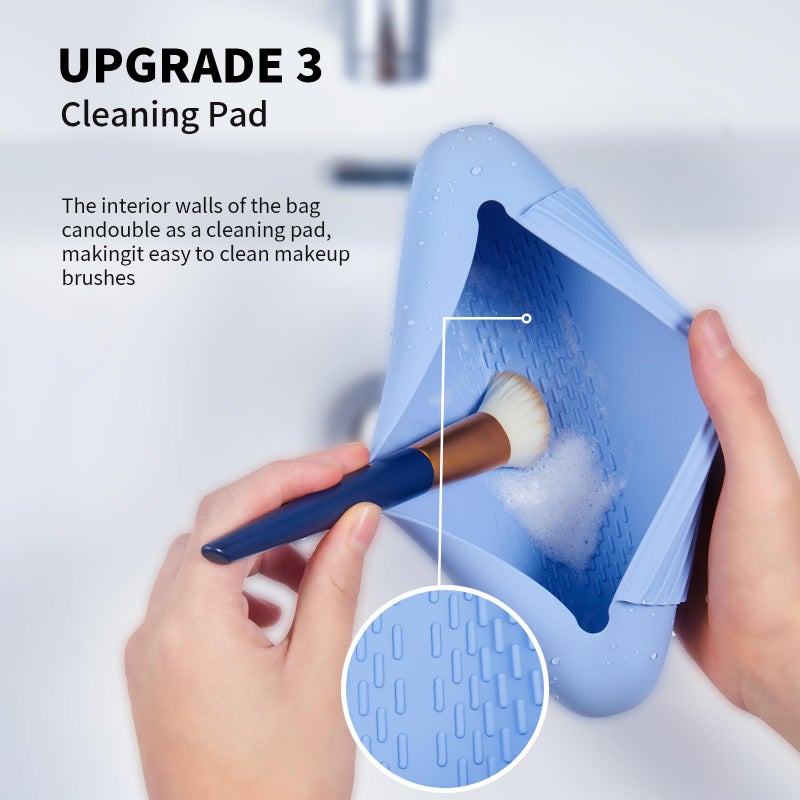 AGIKET Silicone Makeup Brush Holder Travel Cosmetic Bagï¼šSoft Portable Cosmetic Face Brushes Holder with Upgrade Anti-Fall Out Magnetic Closure, Large Travel Makeup Brush Case - Blue - Image 4