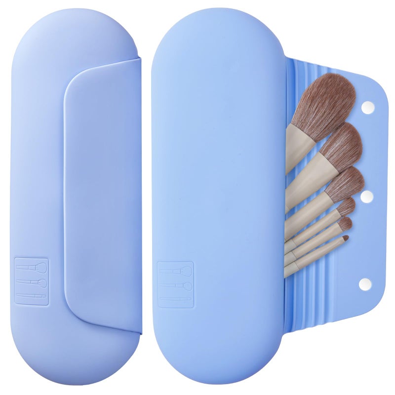 AGIKET Silicone Makeup Brush Holder Travel Cosmetic Bagï¼šSoft Portable Cosmetic Face Brushes Holder with Upgrade Anti-Fall Out Magnetic Closure, Large Travel Makeup Brush Case - Blue - Image 1