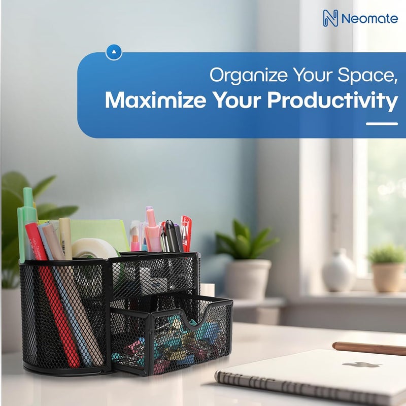 Neomate Metal Mesh Desk Organizer|Durable Office Supplies Caddy with Drawer for Home & Office|Desktop Organizer & Décor|Black, Drawer Organizers - Image 3