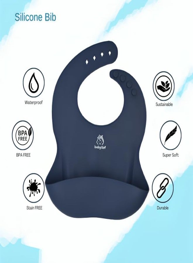 Babylief™ Baby Feeding Set, 4 Pieces, Silicone Bib, Cup with Straw, Bowl with Suction Base and Spoon, Multicolour (Navy Blue) - Image 2