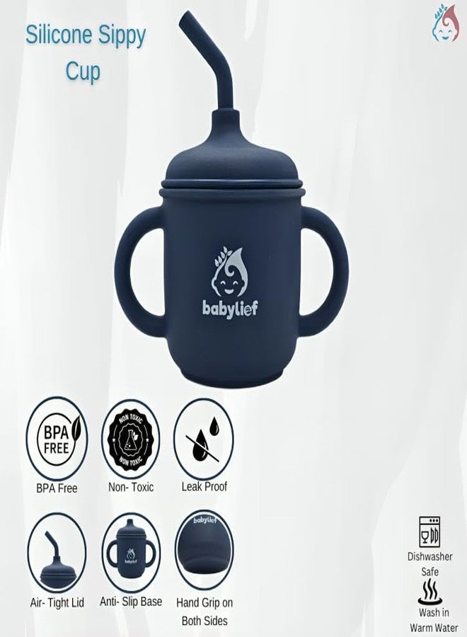Babylief™ Baby Feeding Set, 4 Pieces, Silicone Bib, Cup with Straw, Bowl with Suction Base and Spoon, Multicolour (Navy Blue) - Image 4
