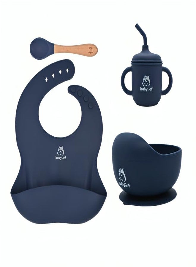 Babylief™ Baby Feeding Set, 4 Pieces, Silicone Bib, Cup with Straw, Bowl with Suction Base and Spoon, Multicolour (Navy Blue) - Image 1