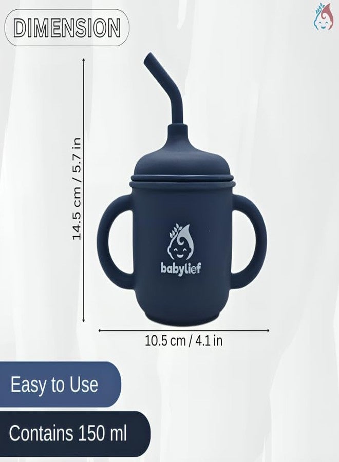 Babylief™ Baby Feeding Set, 4 Pieces, Silicone Bib, Cup with Straw, Bowl with Suction Base and Spoon, Multicolour (Navy Blue) - Image 5