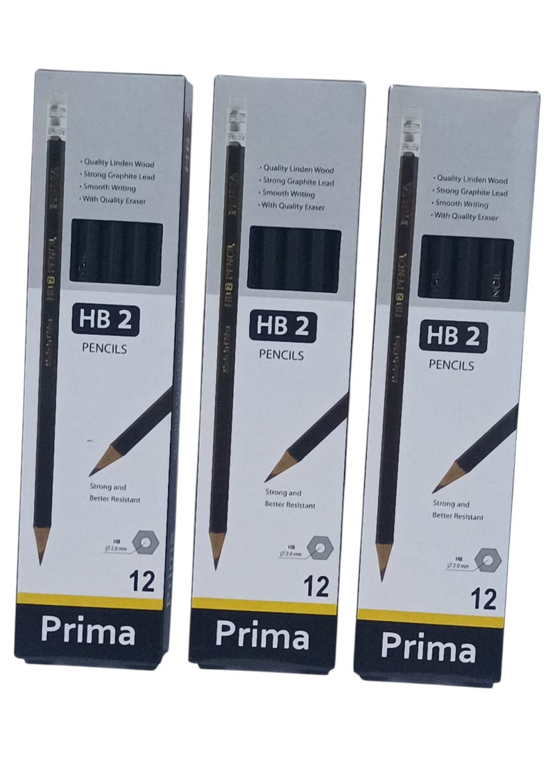 بريما مجموعة من 3 عبوات، تحتوي كل عبوة على 12 قطعة من أقلام الرصاص HB2 عالية الجودة مع ممحاة. العدد الإجمالي 36 قطعة. - Image 2