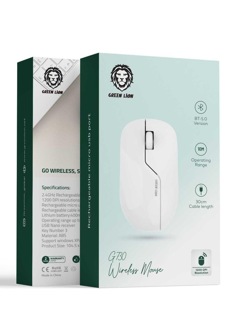 GREEN LION - Green Lion G730 Wireless Mouse 10M Up To Operating Range With USB Nano Receiver, 400mAh, 1200 DPI Resolution, BT-5.0 Version, 3 Key Number (White) - Image 1