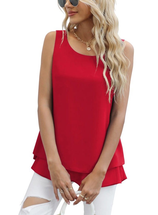 Jouica Women's Sleeveless Chiffon Tank Top Double Layers Casual Blouse Tunic, D Red, L - Image 3