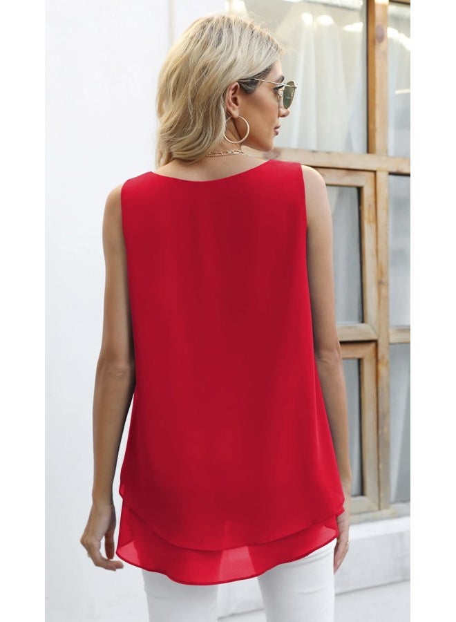 Jouica Women's Sleeveless Chiffon Tank Top Double Layers Casual Blouse Tunic, D Red, L - Image 5