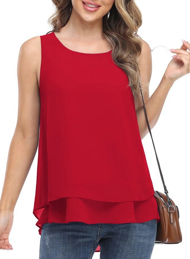 Jouica Women's Sleeveless Chiffon Tank Top Double Layers Casual Blouse Tunic, D Red, L - Image 4