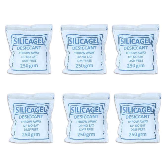 Joypates Silica Gel 250 Gram Pouch of 6 Packets 250 gm 6 packets Silica Gel Pouches for Room Kitchen Wardrobe Cupboard car Bedroom Camera Lenses Shoes 250 Gm pack of 6