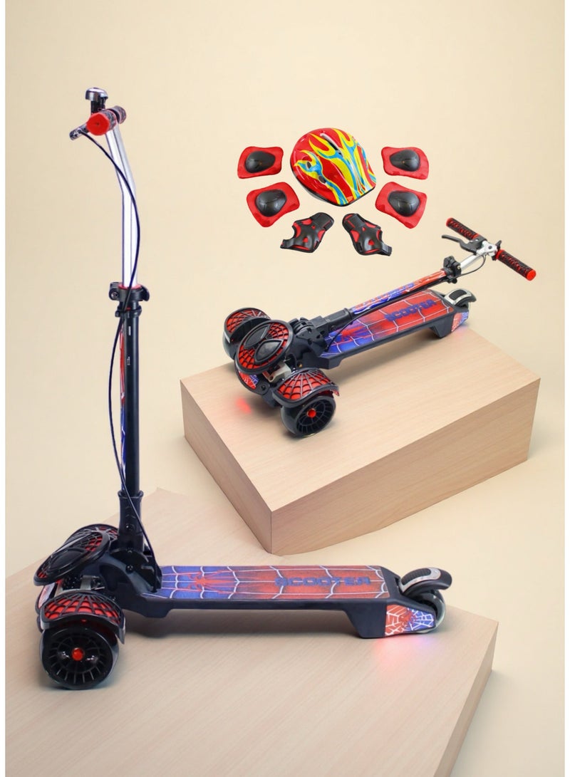 EASY FUTURE 3-8 Years Kids Scooter with Foldable Frame, Adjustable Handlebar, LED PU Wheels, Rear Brake, Handle Brake & Built-in Music Including Full Protective Gear Set - Image 1