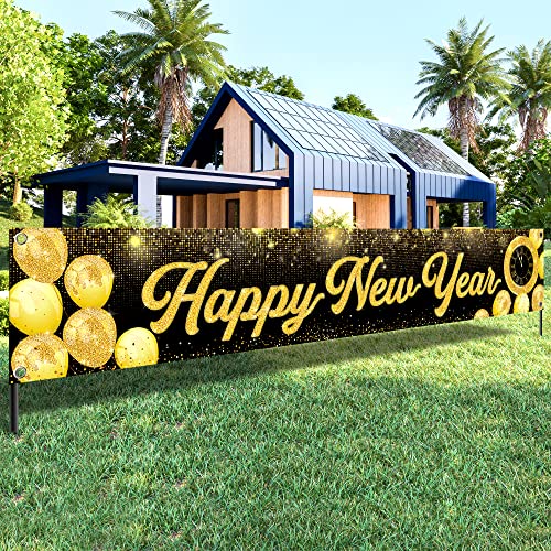 KatchOn Big Gold and black Happy New Year Banners 2026120x20 Inch Happy New Year Yard Sign New Years Decorations 2026 Yard Sign for New Years Eve Party Supplies NYE Decorations 2026 - Image 1