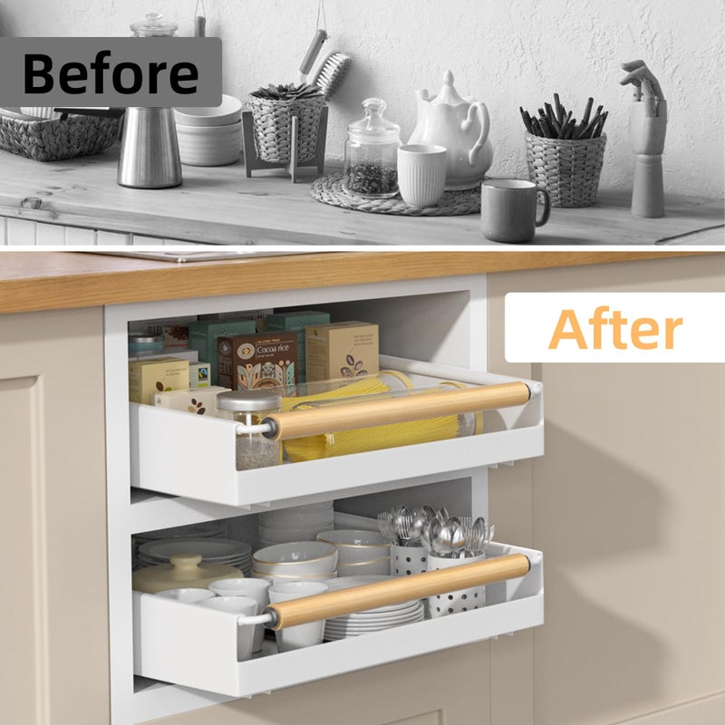 Upesitom Pull Out Cabinet Organizer, 15.3'' Deep Expandable Slide Out Cabinet Organizer Fixed with Adhesive Nano Film, Slide Out Drawers Pull Out Tray for Cabinet in Kitchen, Pantry, Bathroom, White - Image 5
