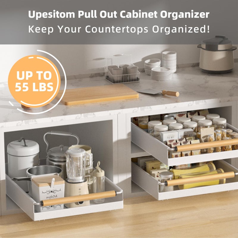 Upesitom Pull Out Cabinet Organizer, 15.3'' Deep Expandable Slide Out Cabinet Organizer Fixed with Adhesive Nano Film, Slide Out Drawers Pull Out Tray for Cabinet in Kitchen, Pantry, Bathroom, White - Image 4