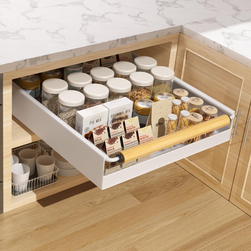 Upesitom Pull Out Cabinet Organizer, 15.3'' Deep Expandable Slide Out Cabinet Organizer Fixed with Adhesive Nano Film, Slide Out Drawers Pull Out Tray for Cabinet in Kitchen, Pantry, Bathroom, White - Image 1