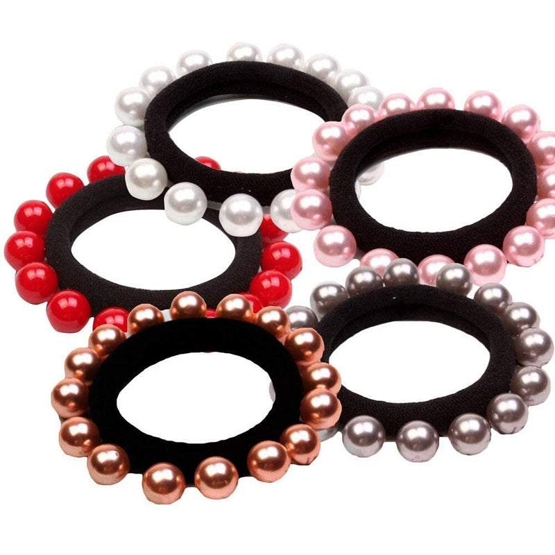 advancedestore Hair Ties with Pearls Elastic Ponytail Holders Imitation Pearls Hair Accessories Hair Band Hair Wrap Around for Thick Heavy and Curly Hair No Damage Multi Colors pack of 6 - Image 5