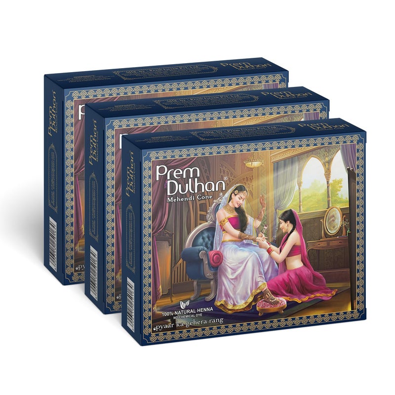 Prem Dulhan Hand Designing Without Chemical Long Lasting for Men Women of 12 Pieces Natural Mehandi Cone 350 GRM Pack of 3 Blue - Image 1