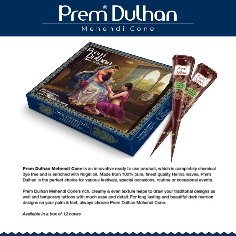 Prem Dulhan Hand Designing Without Chemical Long Lasting for Men Women of 12 Pieces Natural Mehandi Cone 350 GRM Pack of 3 Blue - Image 3