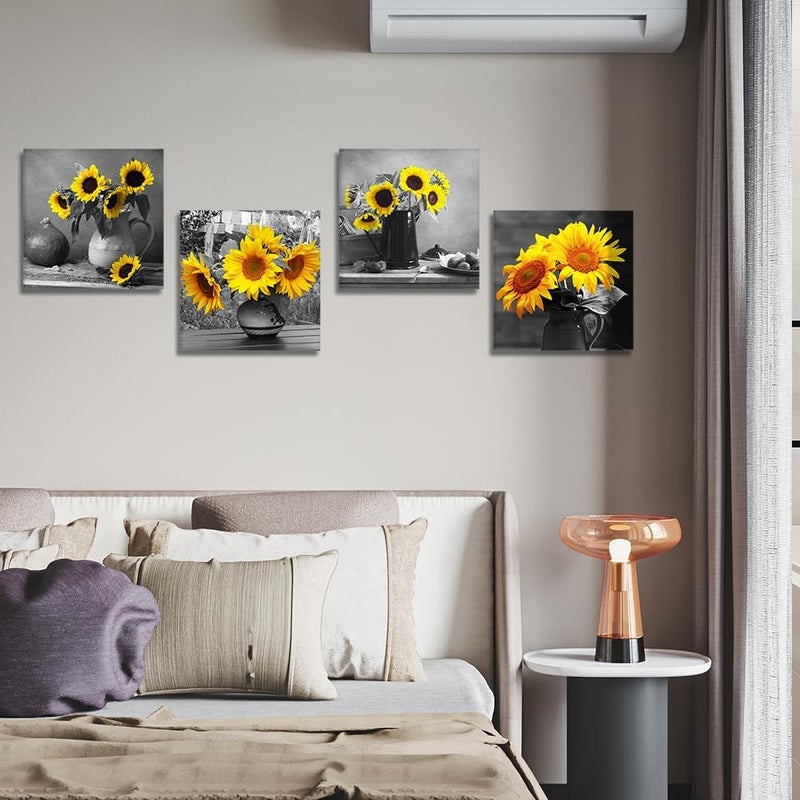 Artscope 4 Pieces Wall Art Canvas Prints - Sunflower and Gray Art Picture Painting- Modern Wall Artwork Framed for Bathroom Home Office Decor - 30 x 30 CM - Image 4
