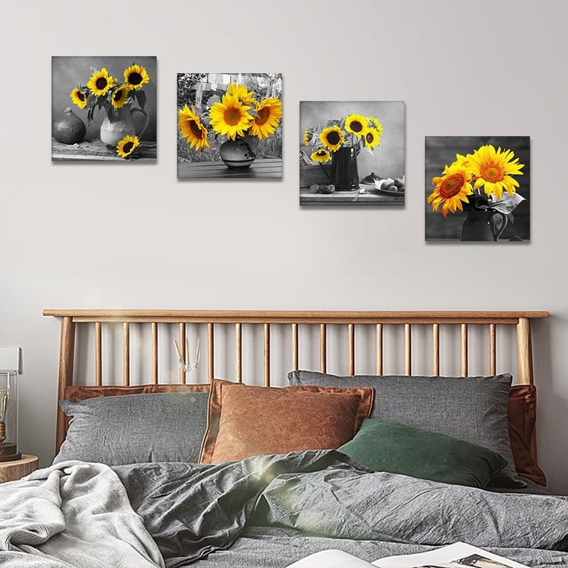 Artscope 4 Pieces Wall Art Canvas Prints - Sunflower and Gray Art Picture Painting- Modern Wall Artwork Framed for Bathroom Home Office Decor - 30 x 30 CM - Image 5