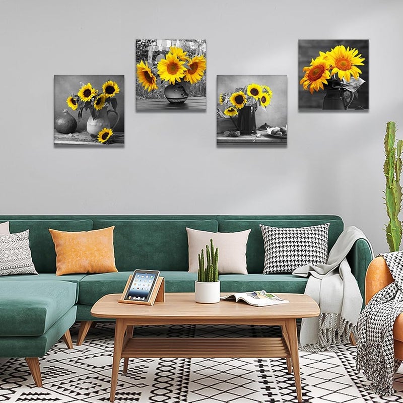 Artscope 4 Pieces Wall Art Canvas Prints - Sunflower and Gray Art Picture Painting- Modern Wall Artwork Framed for Bathroom Home Office Decor - 30 x 30 CM - Image 2
