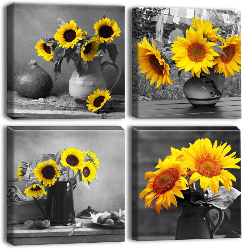 Artscope 4 Pieces Wall Art Canvas Prints - Sunflower and Gray Art Picture Painting- Modern Wall Artwork Framed for Bathroom Home Office Decor - 30 x 30 CM - Image 1